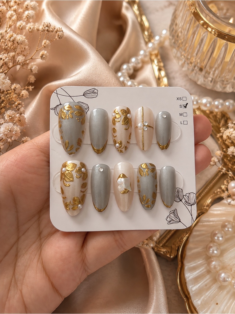 Taupe & Nude Press-On Nails with Gold Foil Accents